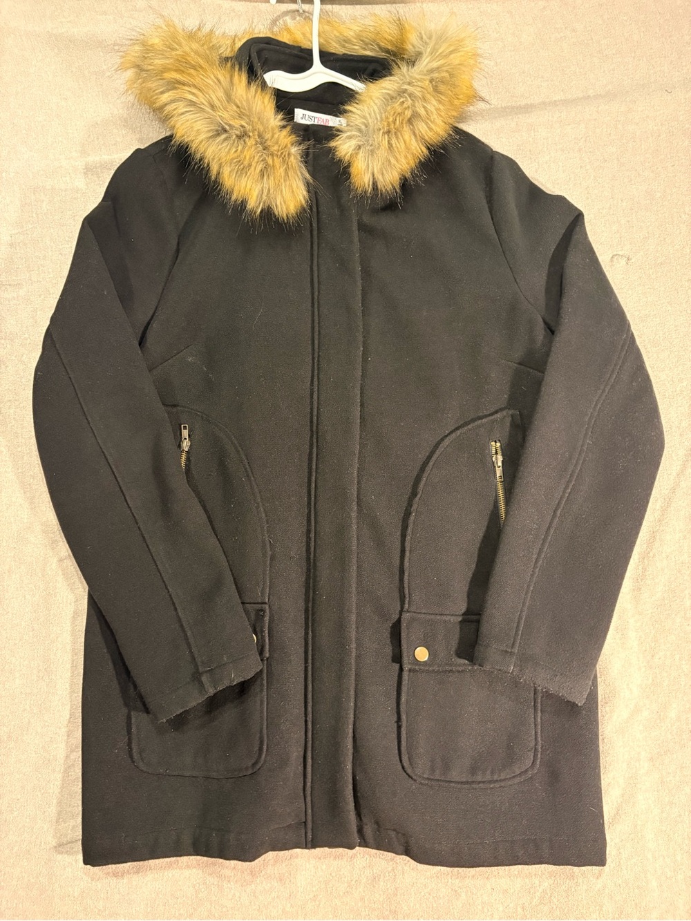 Just Fab Womens Black Coat with Removable Faux-Fur Trim Hood XL